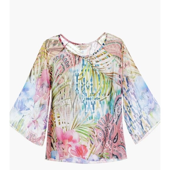 Chico's Women Size 1 US (M) Magnificent Florals Tropical Print Blouse Boho Beach - Picture 1 of 14